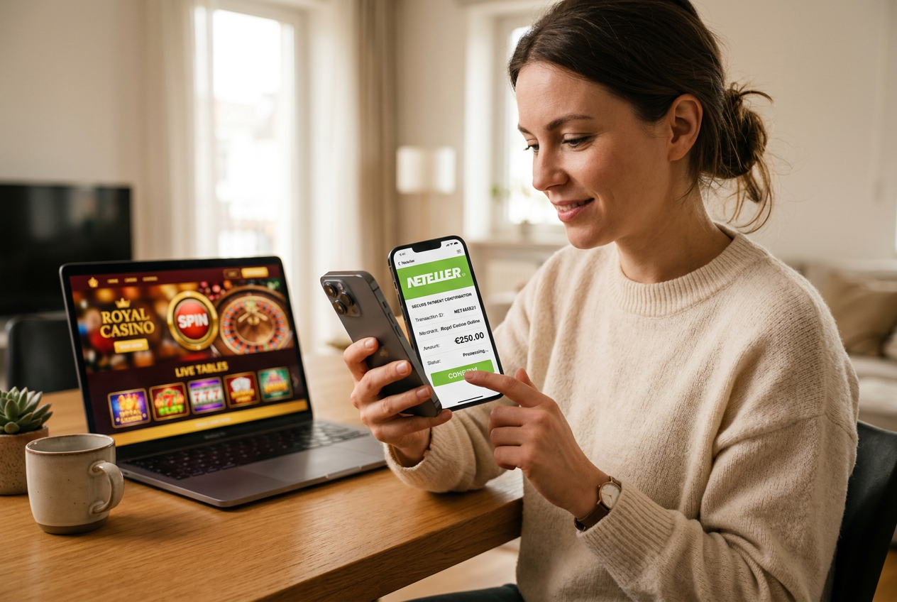 A high-tech digital interface showing a secure Neteller transaction on a smartphone.