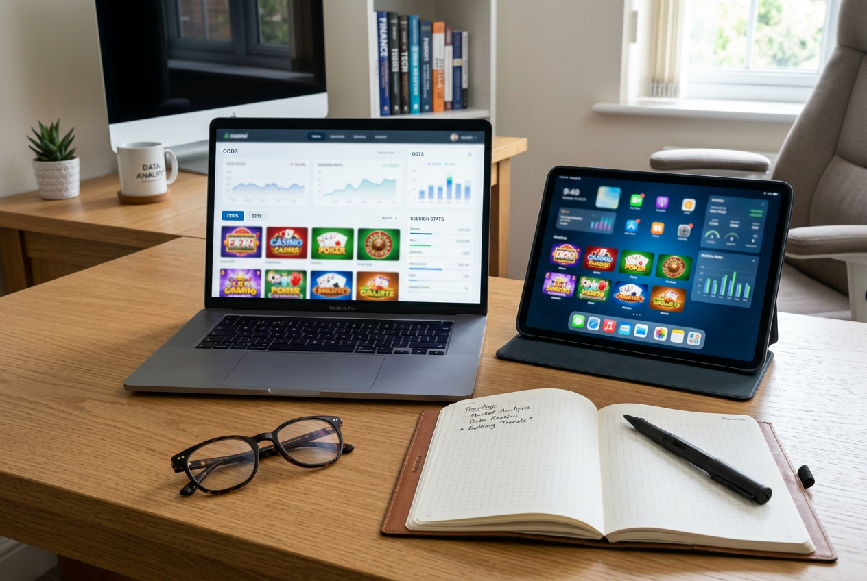 A professional desk setup with analytical tools for casino reviews.