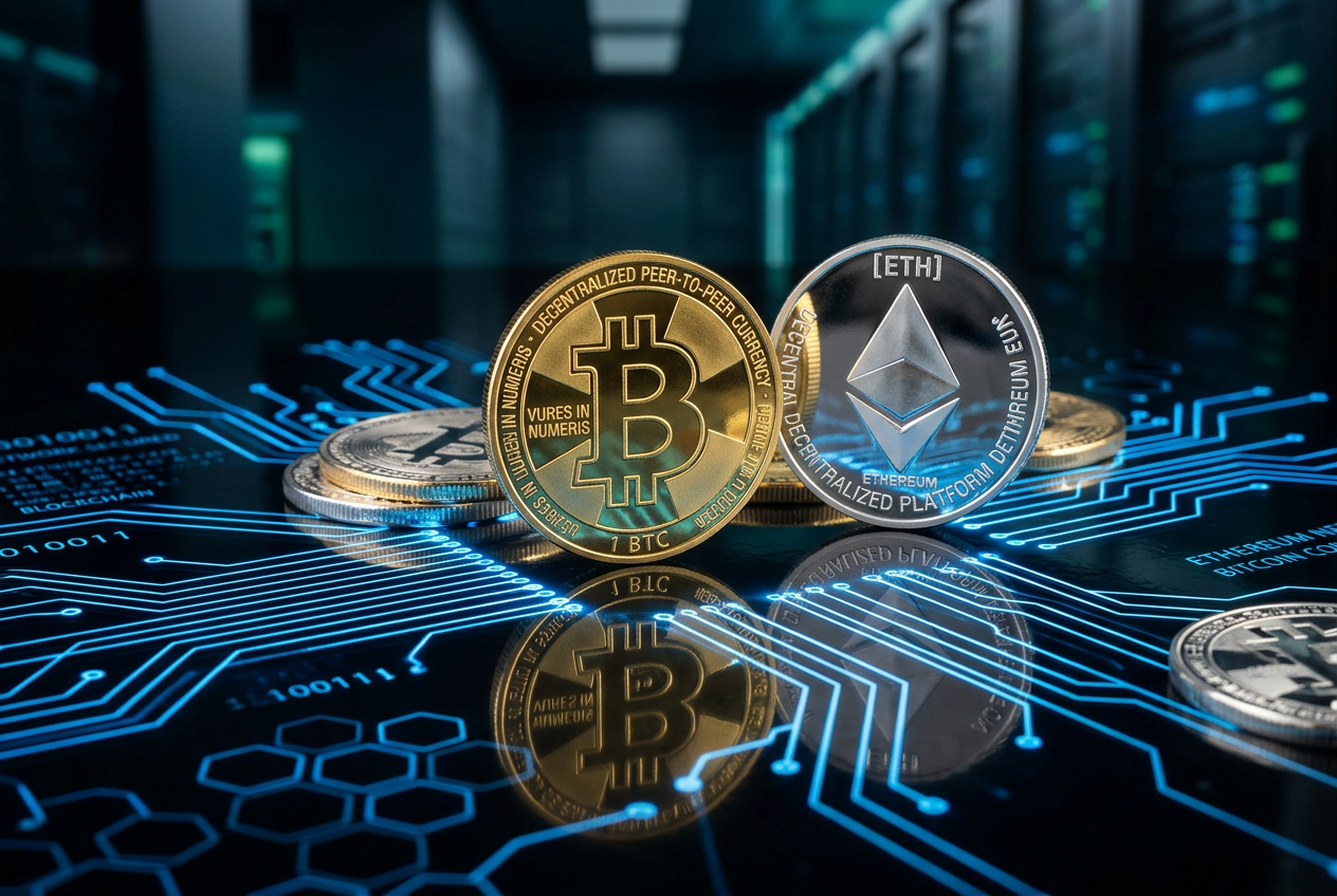 Cryptocurrency symbols representing secure payments