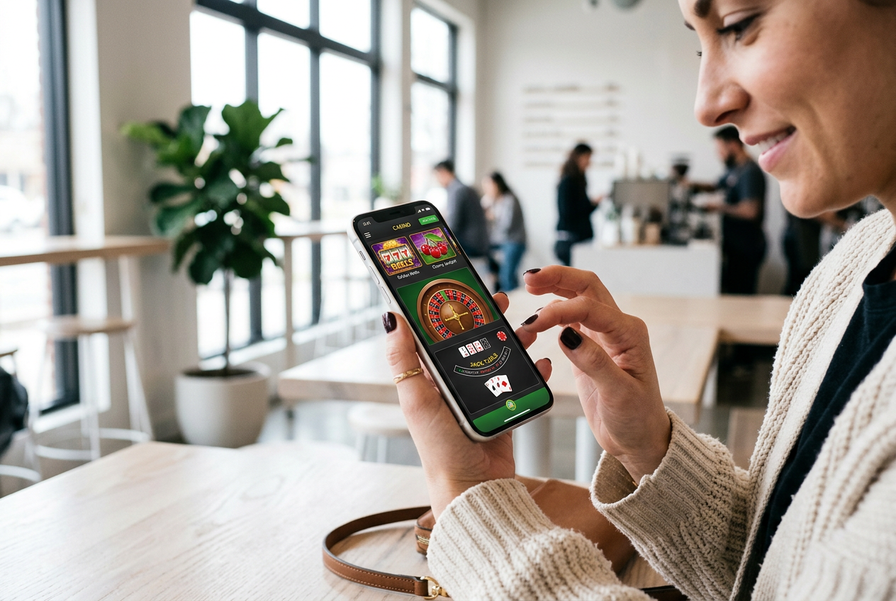 Μια σύγχρονη συσκευή smartphone που εμφανίζει μια εφαρμογή καζίνο με έντονα χρώματα και γραφικά.
