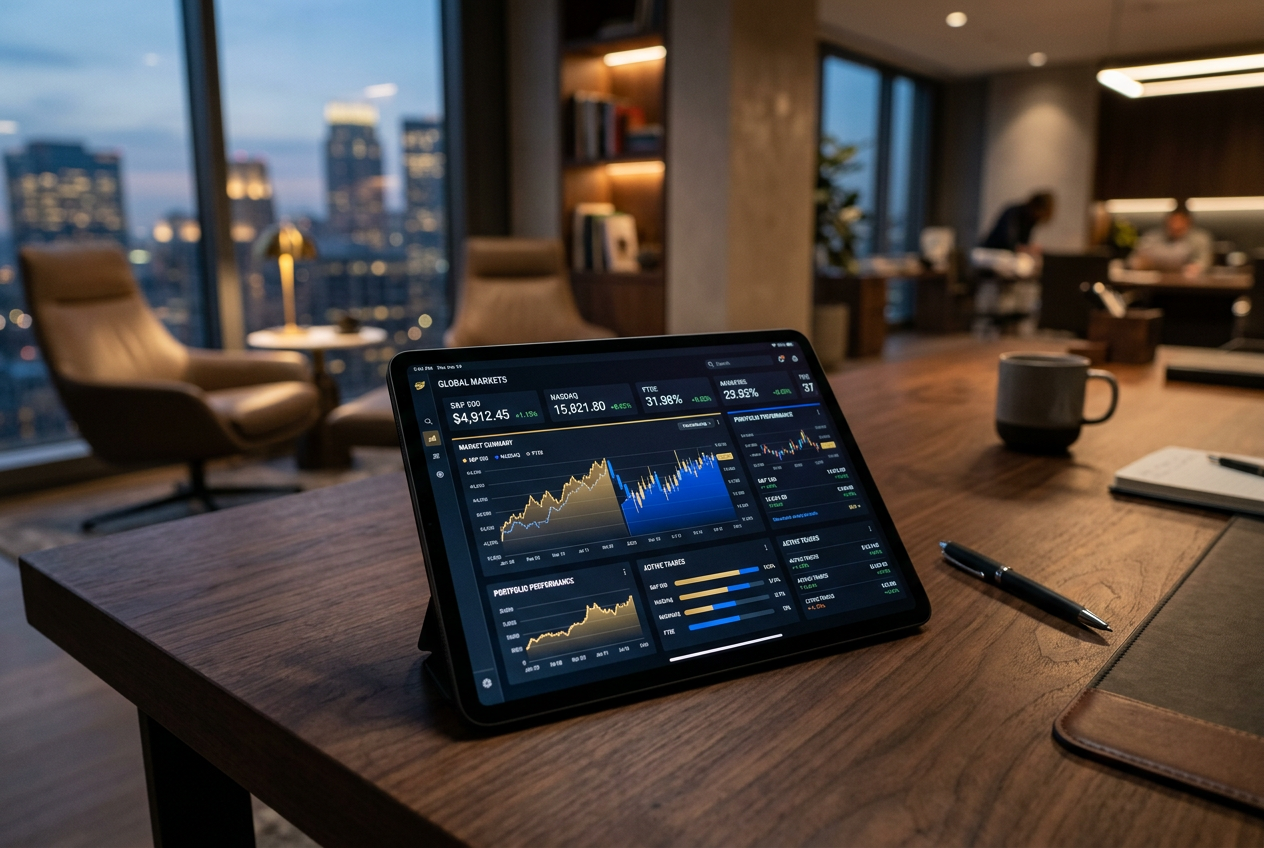 A modern tablet displaying comparison charts of metrics on a dark wooden desk.